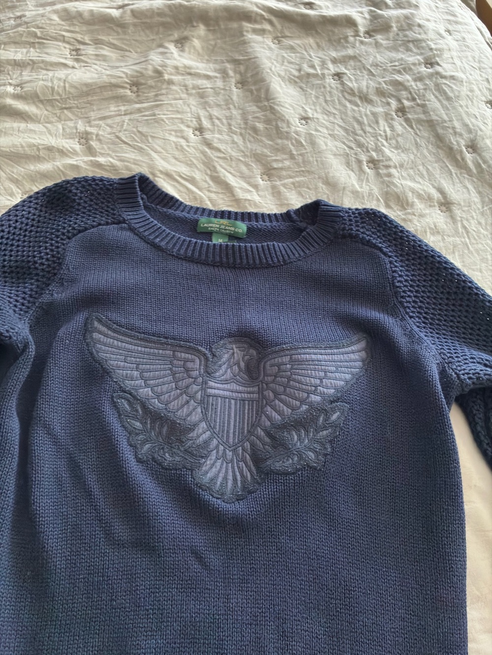 Ralph Lauren Navy Crewneck Sweater with Embossed Eagle
